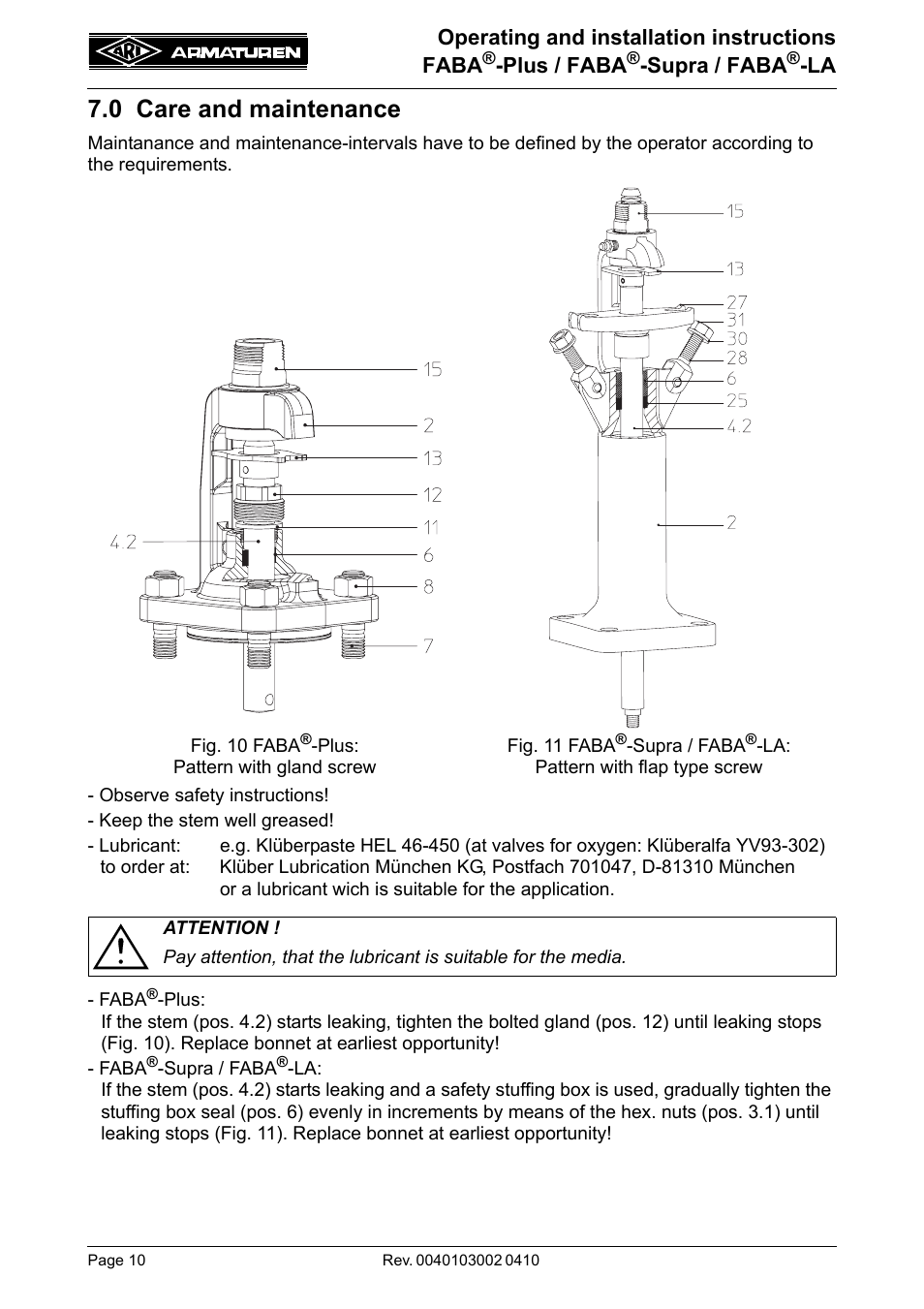 0 care and maintenance, Operating and installation instructions faba, Plus / faba | Supra / faba | ARI Armaturen FABA-LA EN User Manual | Page 10 / 15