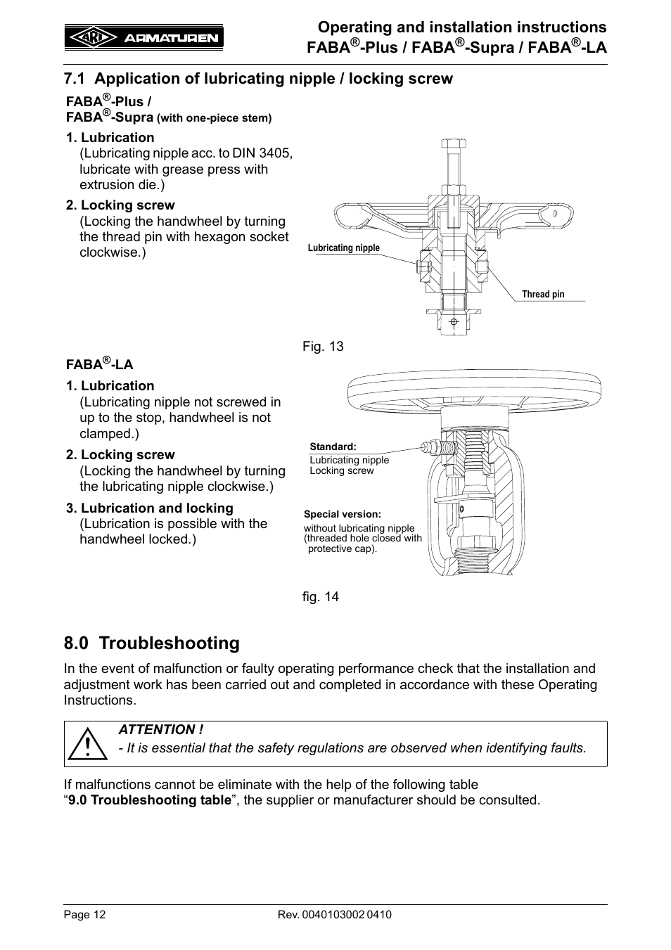0 troubleshooting, Operating and installation instructions faba, Plus / faba | Supra / faba | ARI Armaturen FABA-LA EN User Manual | Page 12 / 15