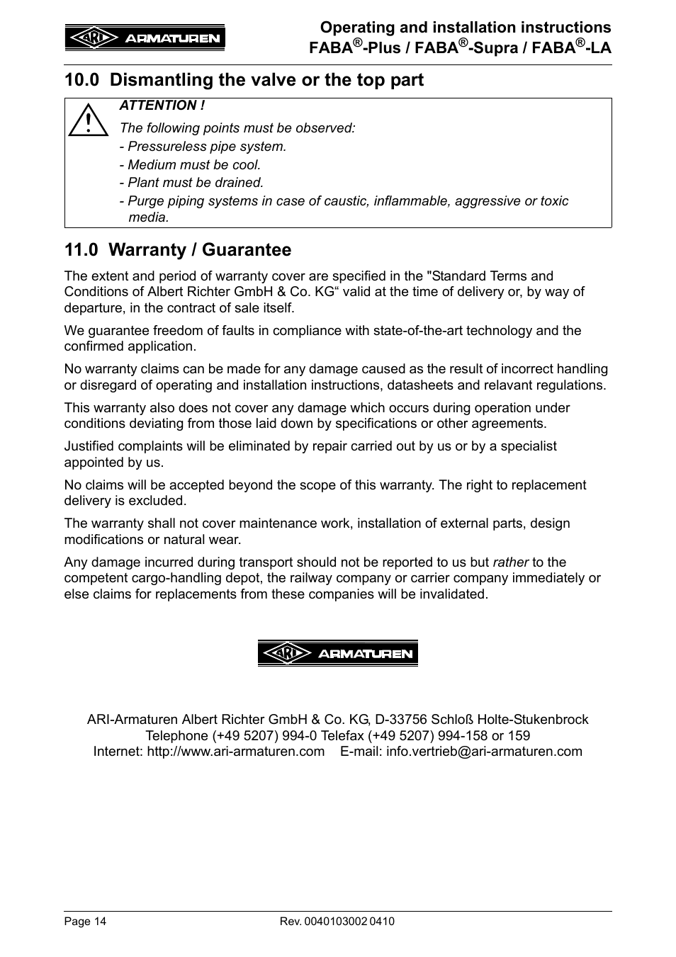 0 dismantling the valve or the top part, 0 warranty / guarantee, Technology for the future | ARI Armaturen FABA-LA EN User Manual | Page 14 / 15