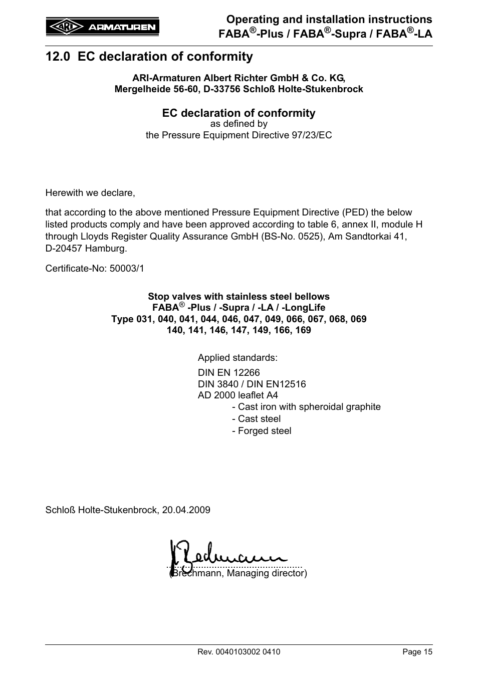 0 ec declaration of conformity | ARI Armaturen FABA-LA EN User Manual | Page 15 / 15