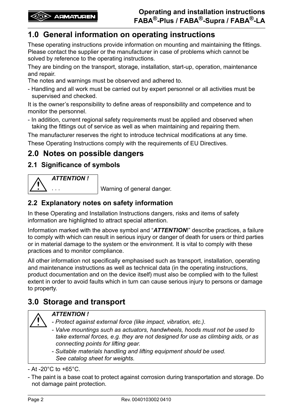 0 general information on operating instructions, 0 notes on possible dangers, 1 significance of symbols | 2 explanatory notes on safety information, 0 storage and transport, 0 general information on operating, Instructions | ARI Armaturen FABA-LA EN User Manual | Page 2 / 15