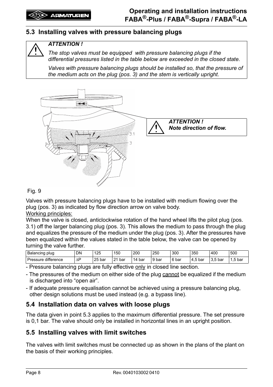 3 installing valves with pressure balancing plugs, 4 installation data on valves with loose plugs, 5 installing valves with limit switches | Operating and installation instructions faba, Plus / faba, Supra / faba | ARI Armaturen FABA-LA EN User Manual | Page 8 / 15