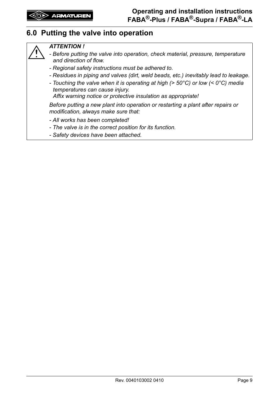 0 putting the valve into operation | ARI Armaturen FABA-LA EN User Manual | Page 9 / 15
