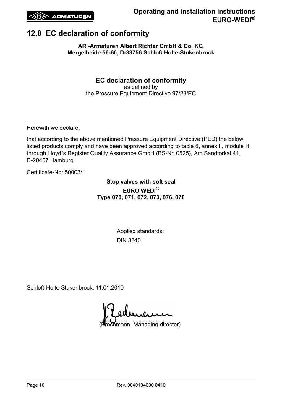 0 ec declaration of conformity | ARI Armaturen EURO-WEDI EN User Manual | Page 10 / 10