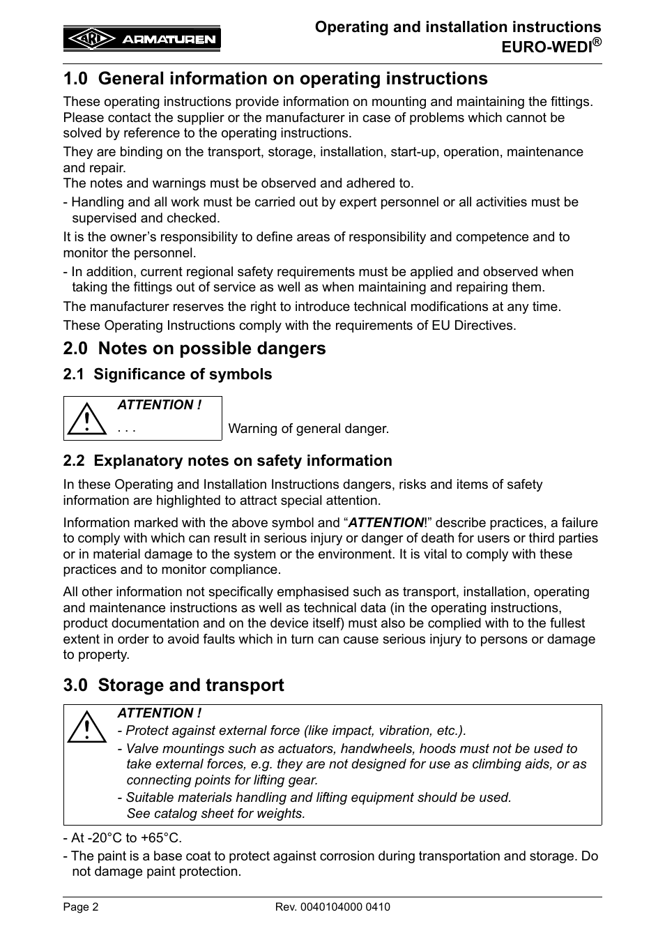 0 general information on operating instructions, 0 notes on possible dangers, 1 significance of symbols | 2 explanatory notes on safety information, 0 storage and transport, 0 general information on operating, Instructions | ARI Armaturen EURO-WEDI EN User Manual | Page 2 / 10