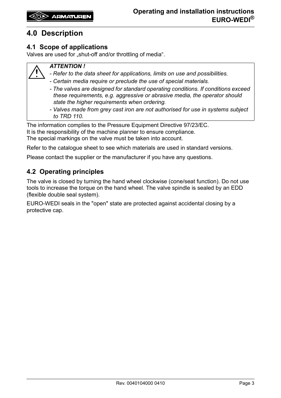 0 description, 1 scope of applications, 2 operating principles | 1 scope of applications 4.2 operating principles | ARI Armaturen EURO-WEDI EN User Manual | Page 3 / 10