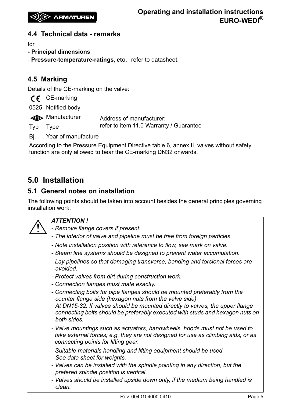 4 technical data - remarks, 5 marking, 0 installation | 1 general notes on installation, 4 technical data - remarks 4.5 marking | ARI Armaturen EURO-WEDI EN User Manual | Page 5 / 10