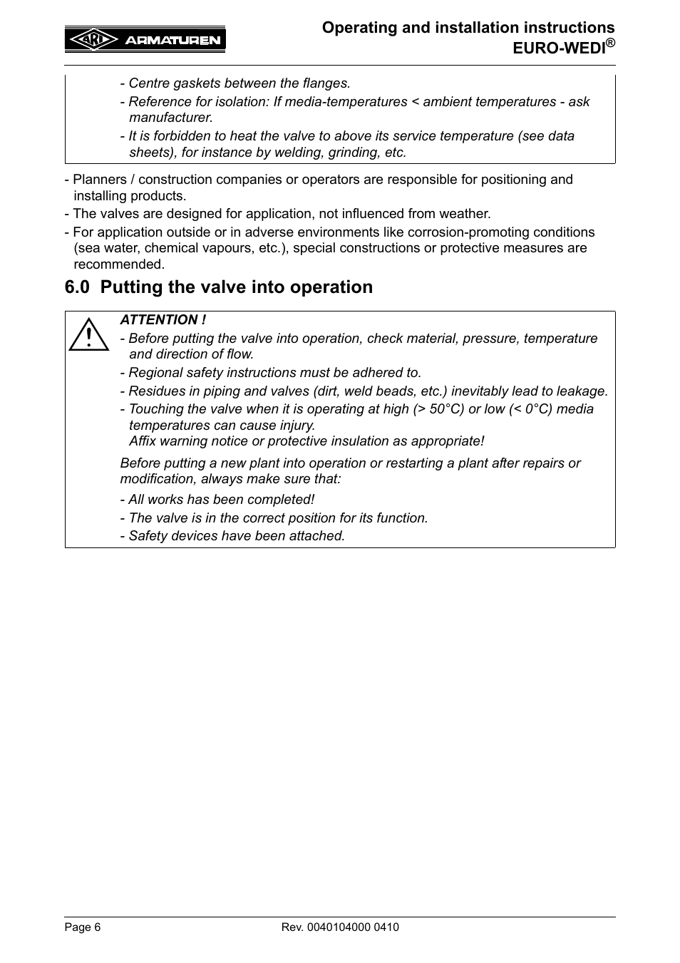 0 putting the valve into operation | ARI Armaturen EURO-WEDI EN User Manual | Page 6 / 10