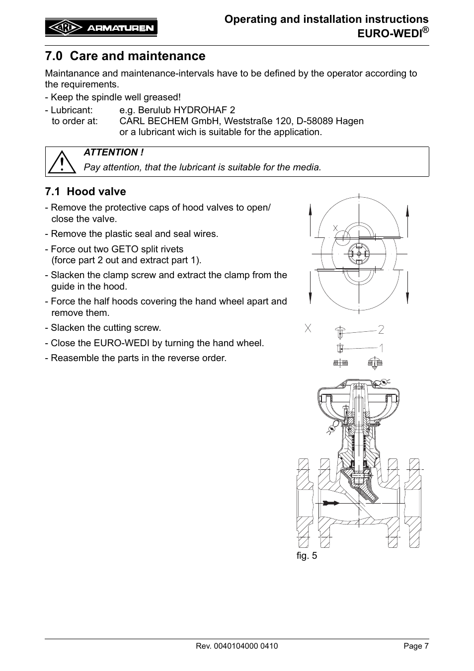 0 care and maintenance, 1 hood valve | ARI Armaturen EURO-WEDI EN User Manual | Page 7 / 10