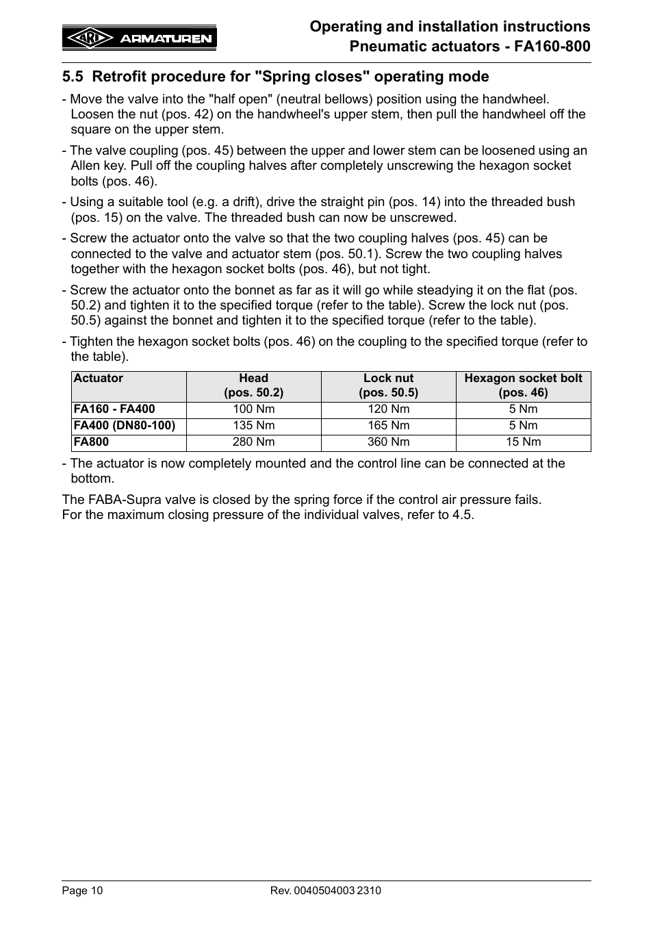 5 retrofit procedure for, Spring closes" operating mode | ARI Armaturen FA800 EN User Manual | Page 10 / 17