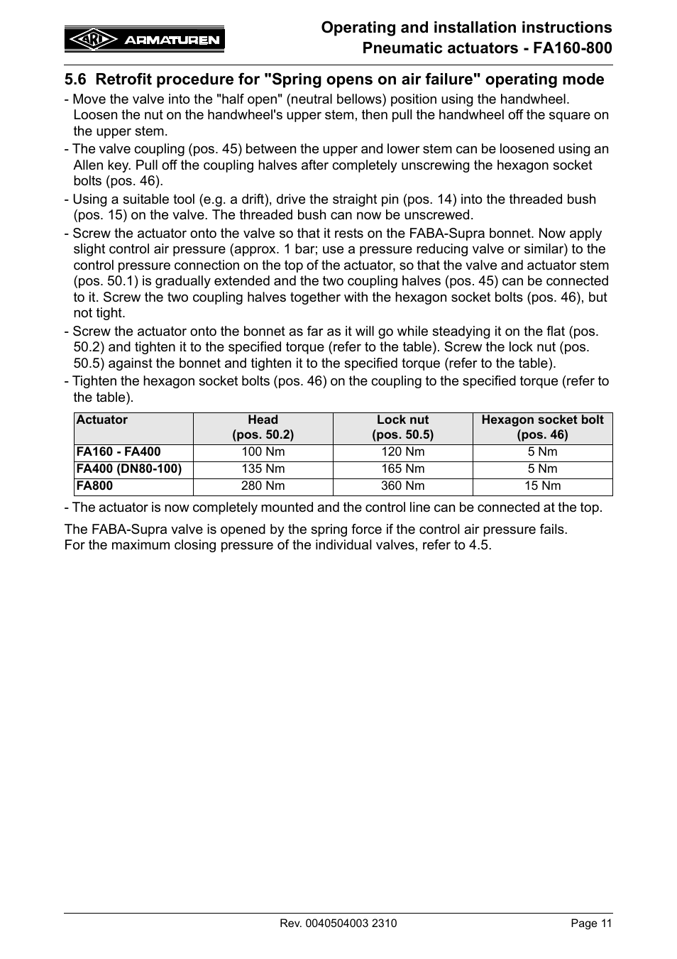 6 retrofit procedure for, Spring opens on air failure" operating mode | ARI Armaturen FA800 EN User Manual | Page 11 / 17