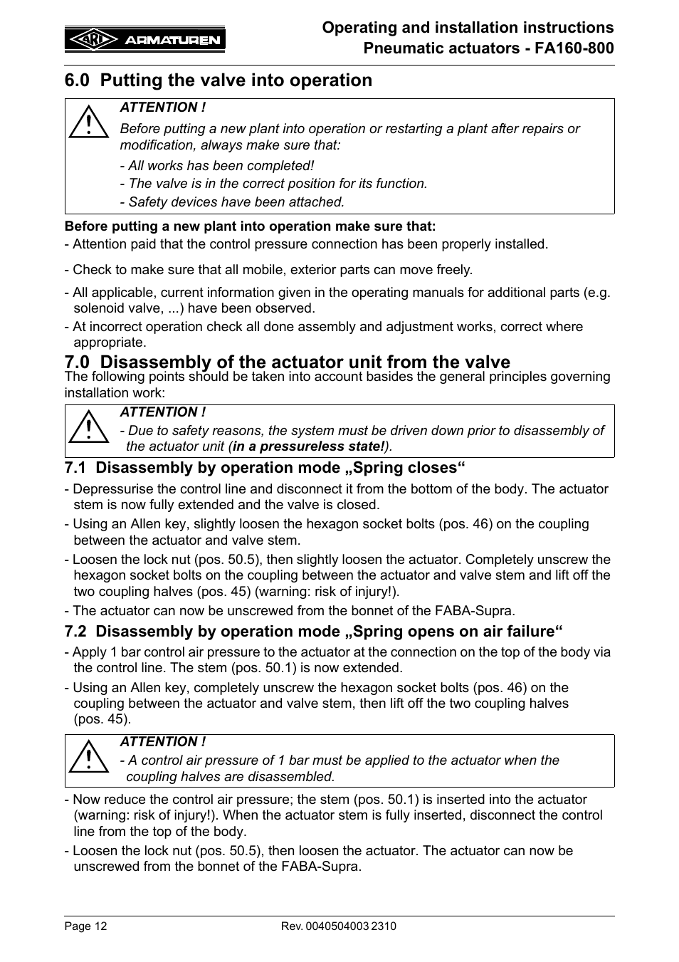 0 putting the valve into operation, 0 disassembly of the actuator unit from the valve, 1 disassembly by operation mode „spring closes | Unit from the valve, 1 disassembly by operation mode, Spring closes, 2 disassembly by operation mode, Spring opens on air failure | ARI Armaturen FA800 EN User Manual | Page 12 / 17