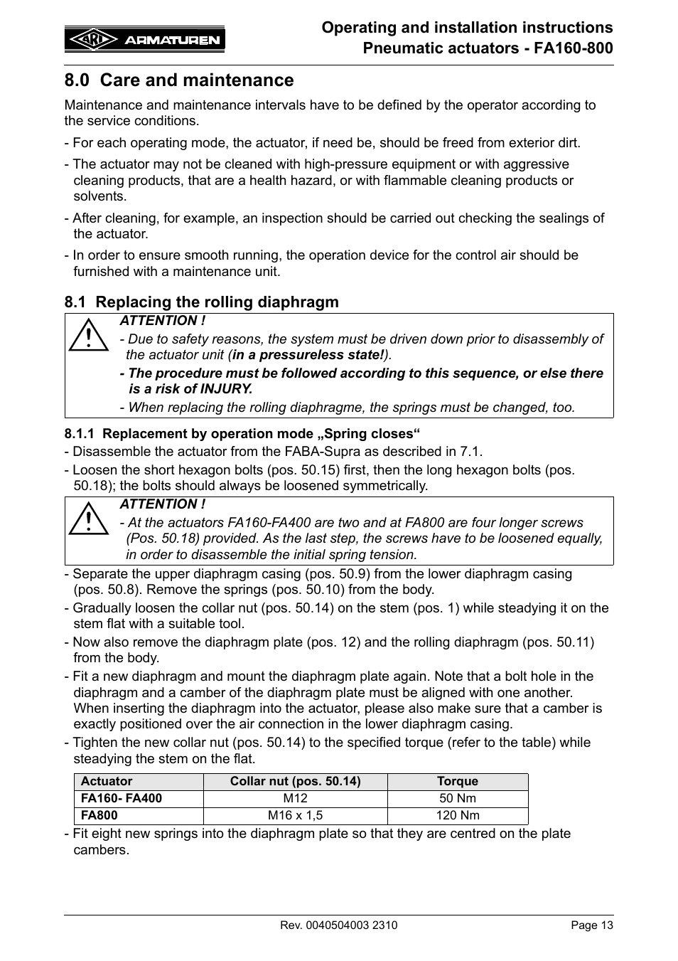 0 care and maintenance, 1 replacing the rolling diaphragm, 1 replacement by operation mode „spring closes | 1 re | ARI Armaturen FA800 EN User Manual | Page 13 / 17