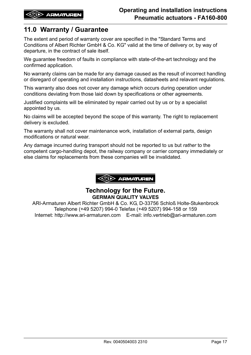 0 warranty / guarantee, Technology for the future | ARI Armaturen FA800 EN User Manual | Page 17 / 17