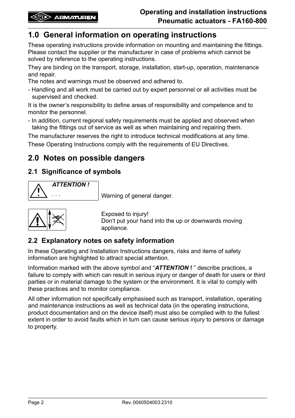 0 general information on operating instructions, 0 notes on possible dangers, 1 significance of symbols | 2 explanatory notes on safety information, 0 general information on operating, Instructions | ARI Armaturen FA800 EN User Manual | Page 2 / 17