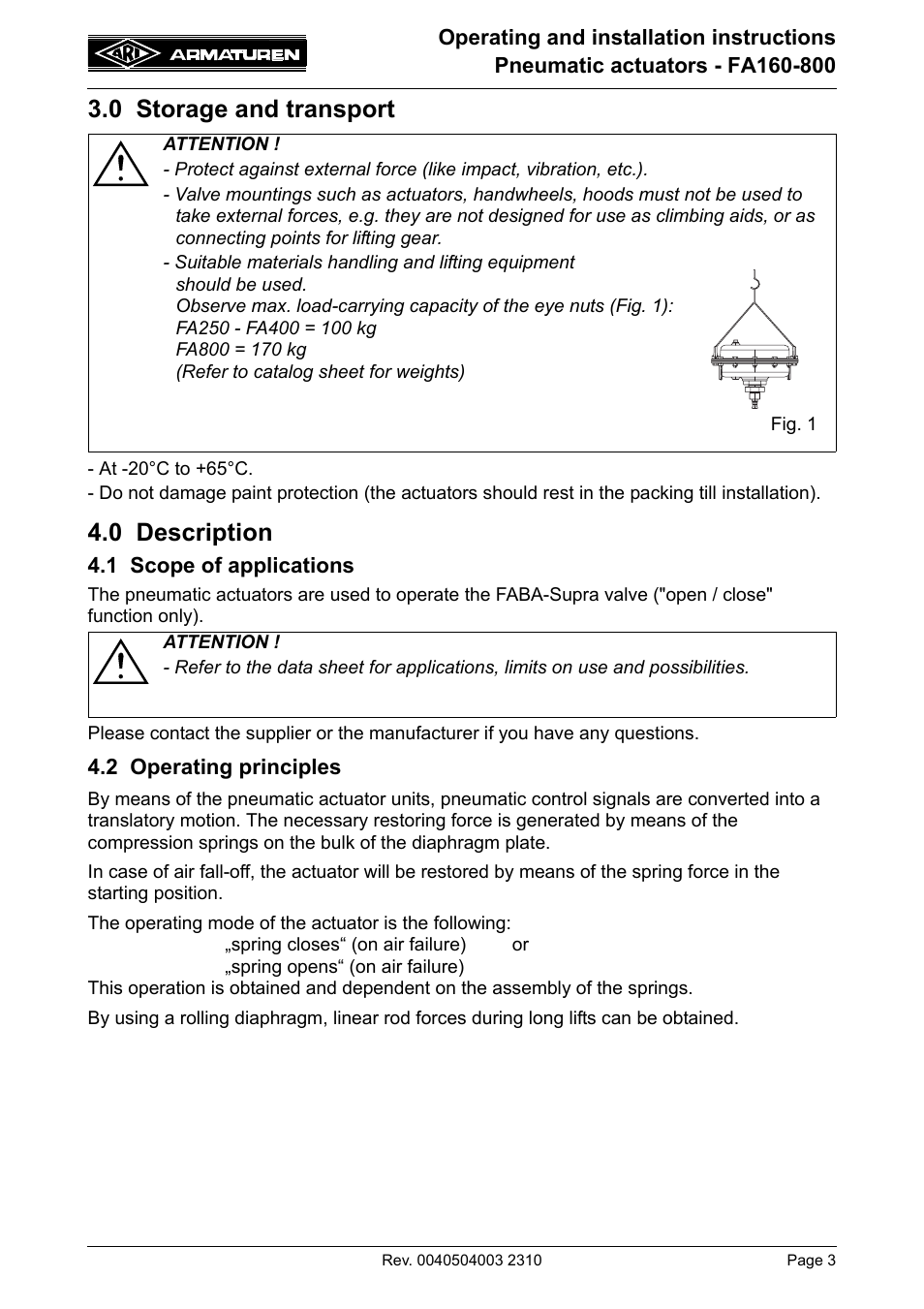0 storage and transport, 0 description, 1 scope of applications | 2 operating principles, 0 storage and transport 4.0 description, 1 scope of applications 4.2 operating principles | ARI Armaturen FA800 EN User Manual | Page 3 / 17