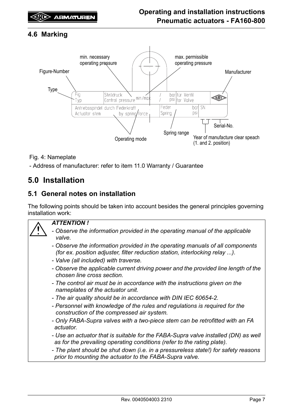 6 marking, 0 installation, 1 general notes on installation | ARI Armaturen FA800 EN User Manual | Page 7 / 17