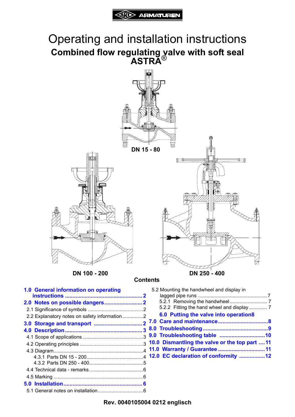 ARI Armaturen ASTRA DN250-400 EN User Manual | 12 pages