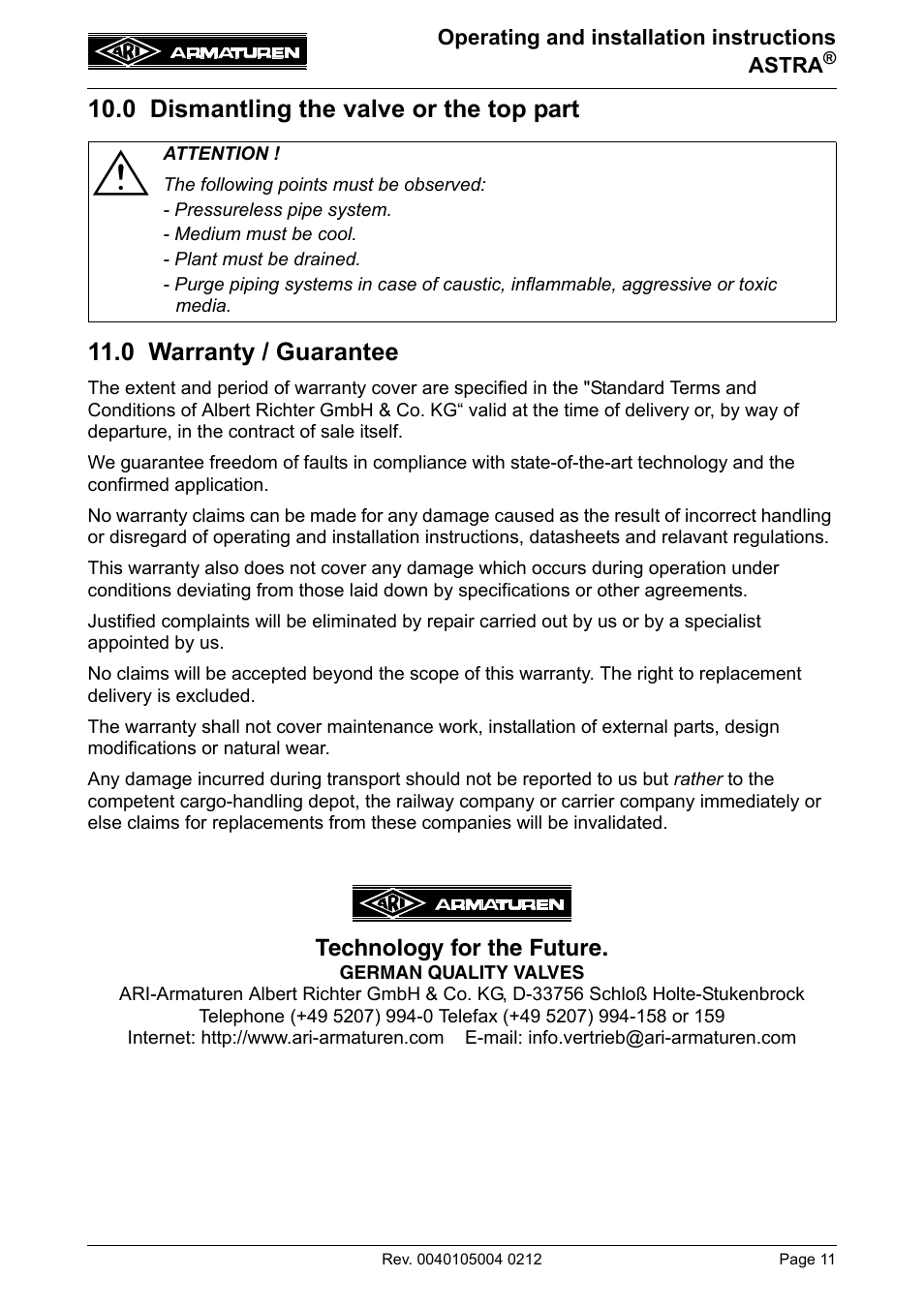 0 dismantling the valve or the top part, 0 warranty / guarantee, Read point 10.0 and 1 | Technology for the future | ARI Armaturen ASTRA DN250-400 EN User Manual | Page 11 / 12