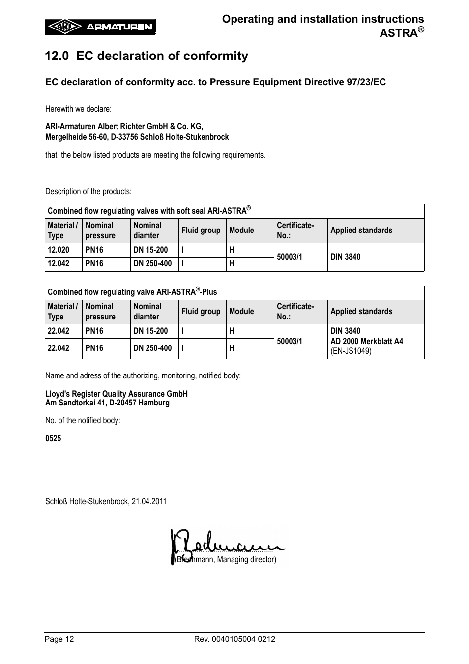 0 ec declaration of conformity, Operating and installation instructions astra | ARI Armaturen ASTRA DN250-400 EN User Manual | Page 12 / 12