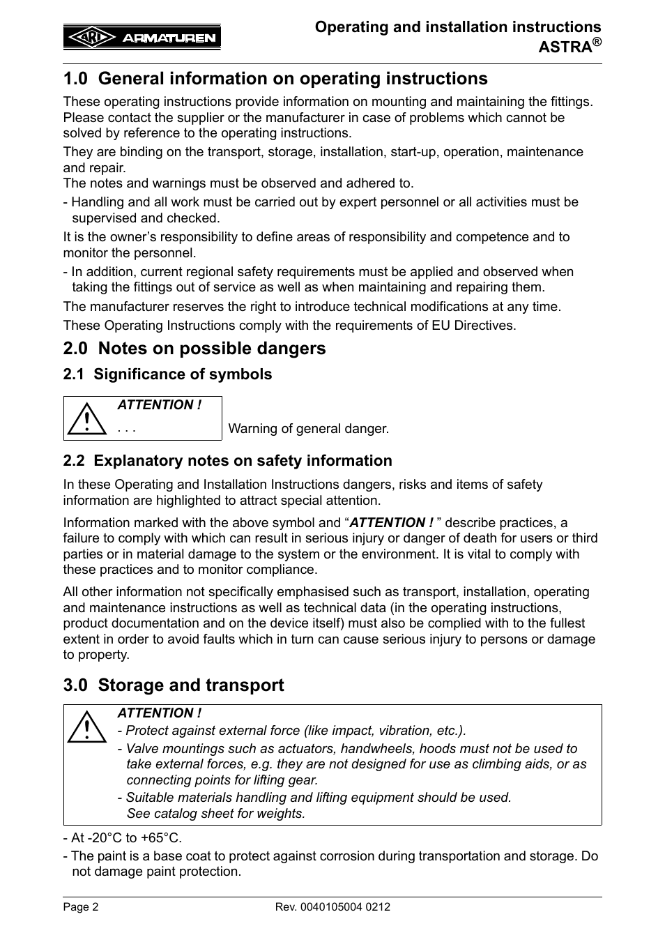 0 general information on operating instructions, 0 notes on possible dangers, 1 significance of symbols | 2 explanatory notes on safety information, 0 storage and transport, 0 general information on operating, Instructions | ARI Armaturen ASTRA DN250-400 EN User Manual | Page 2 / 12