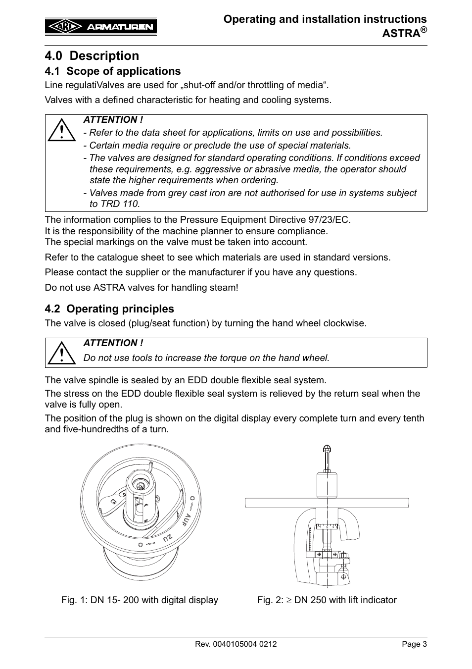 0 description, 1 scope of applications, 2 operating principles | 1 scope of applications 4.2 operating principles | ARI Armaturen ASTRA DN250-400 EN User Manual | Page 3 / 12