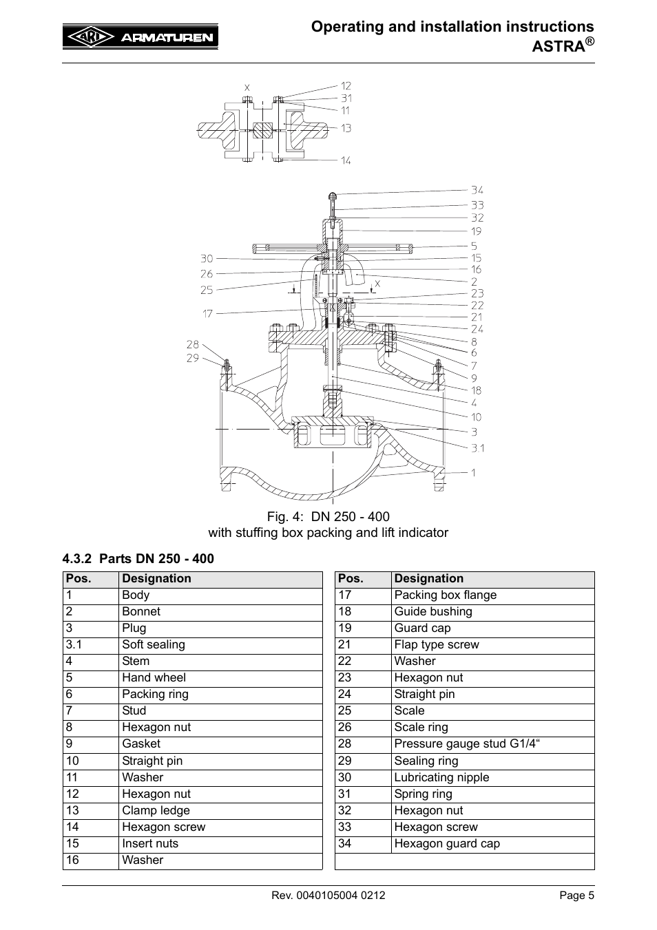 2 parts dn 250 - 400, Operating and installation instructions astra | ARI Armaturen ASTRA DN250-400 EN User Manual | Page 5 / 12