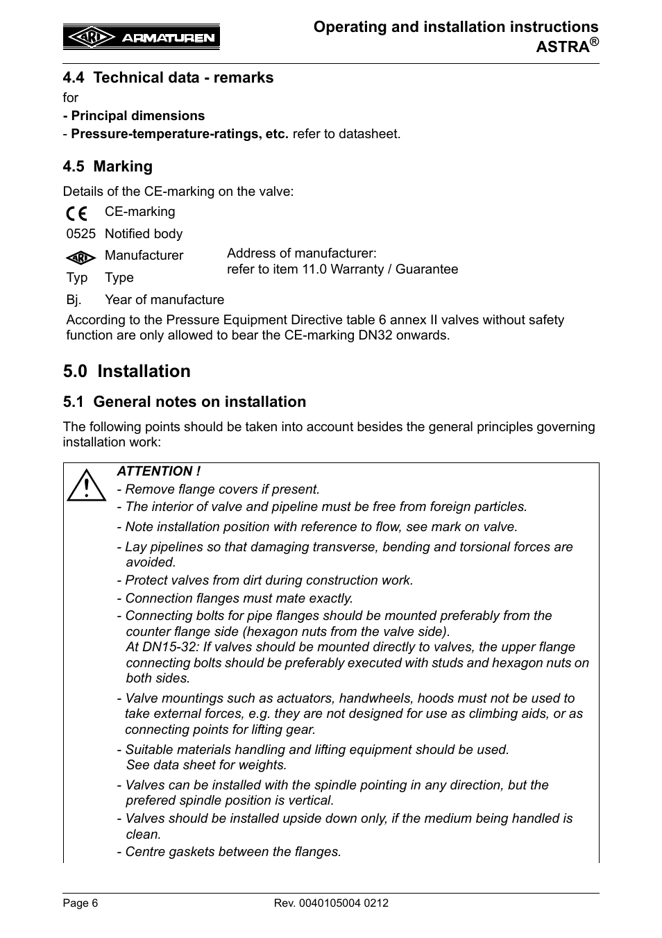 4 technical data - remarks, 5 marking, 0 installation | 1 general notes on installation, 4 technical data - remarks 4.5 marking | ARI Armaturen ASTRA DN250-400 EN User Manual | Page 6 / 12