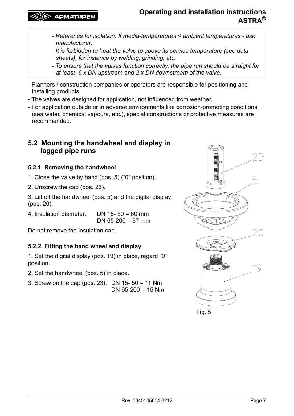 1 removing the handwheel, 2 fitting the hand wheel and display, 2 mounting the handwheel and display in | Lagged pipe runs | ARI Armaturen ASTRA DN250-400 EN User Manual | Page 7 / 12
