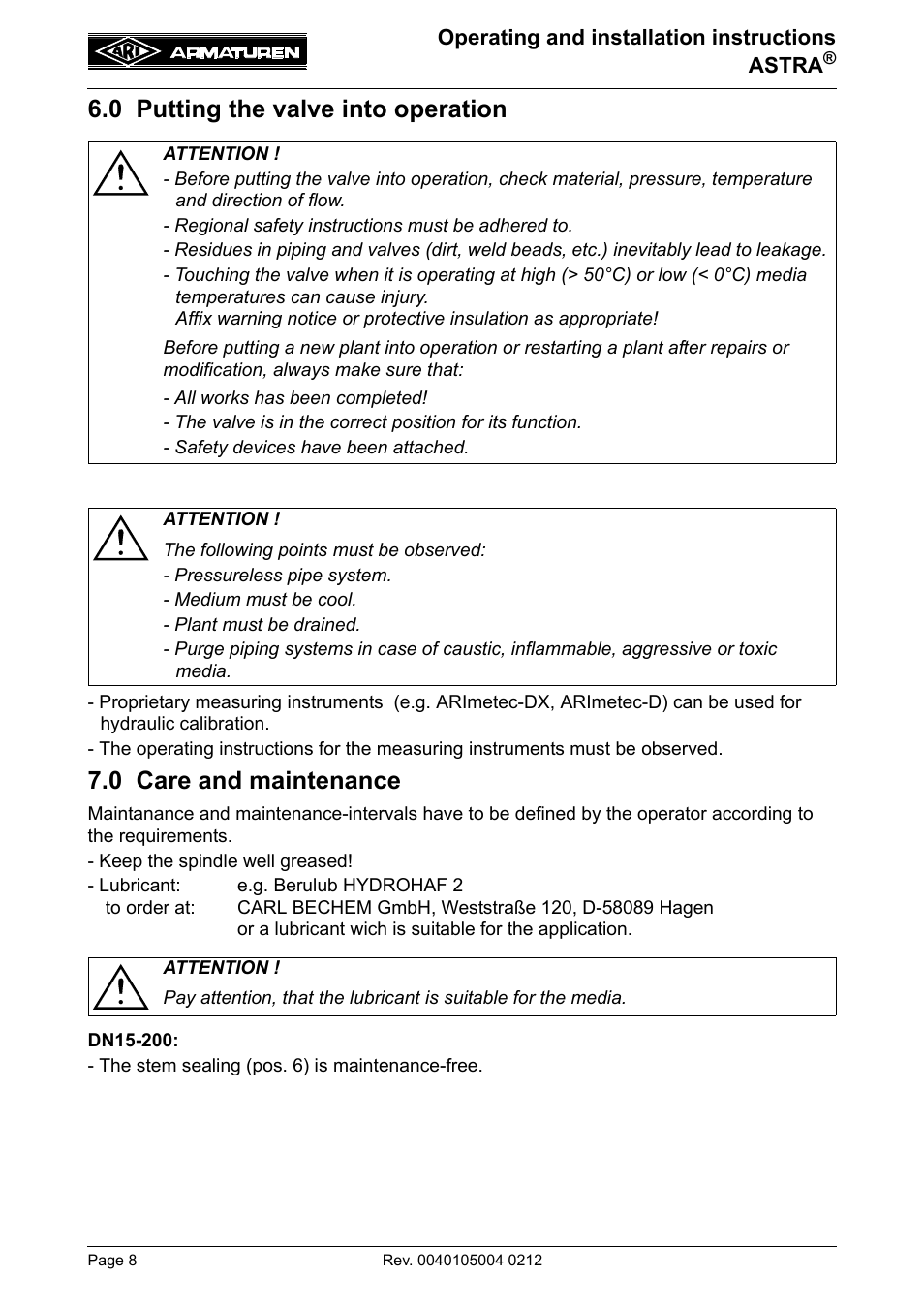 0 putting the valve into operation, 0 care and maintenance, 0 putting the valve into operation8 | ARI Armaturen ASTRA DN250-400 EN User Manual | Page 8 / 12