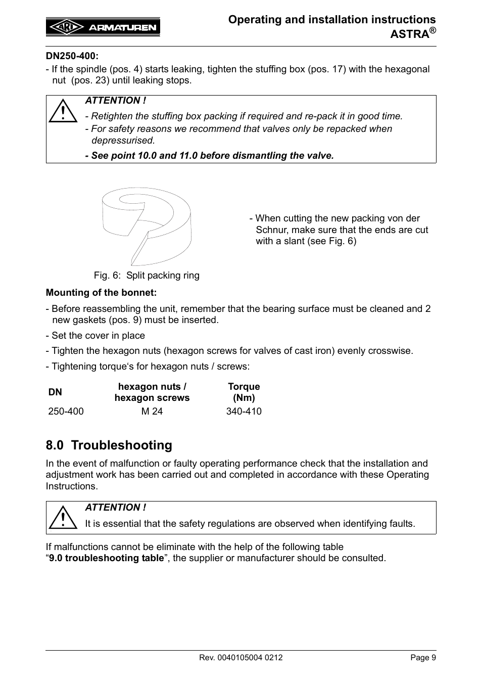 0 troubleshooting, Operating and installation instructions astra | ARI Armaturen ASTRA DN250-400 EN User Manual | Page 9 / 12
