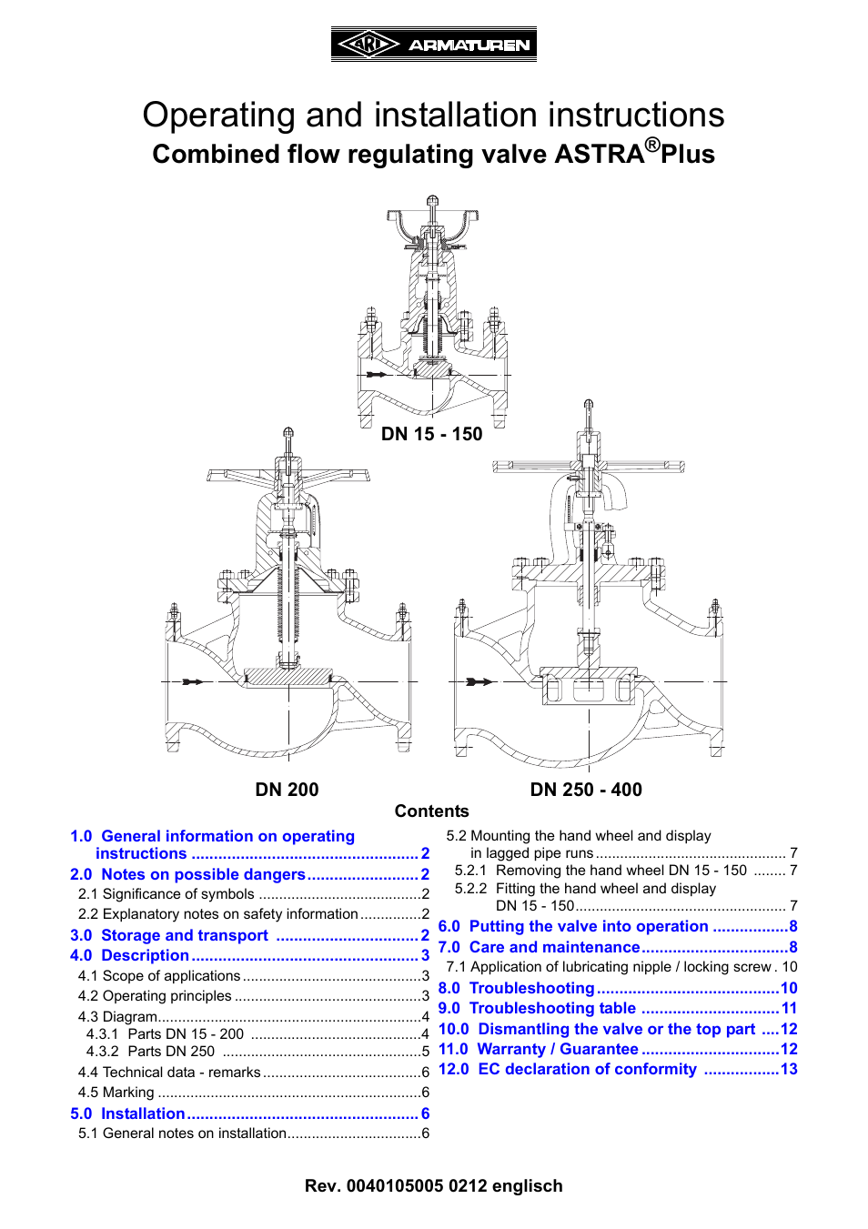 ARI Armaturen ASTRA Plus DN250-400 EN User Manual | 13 pages