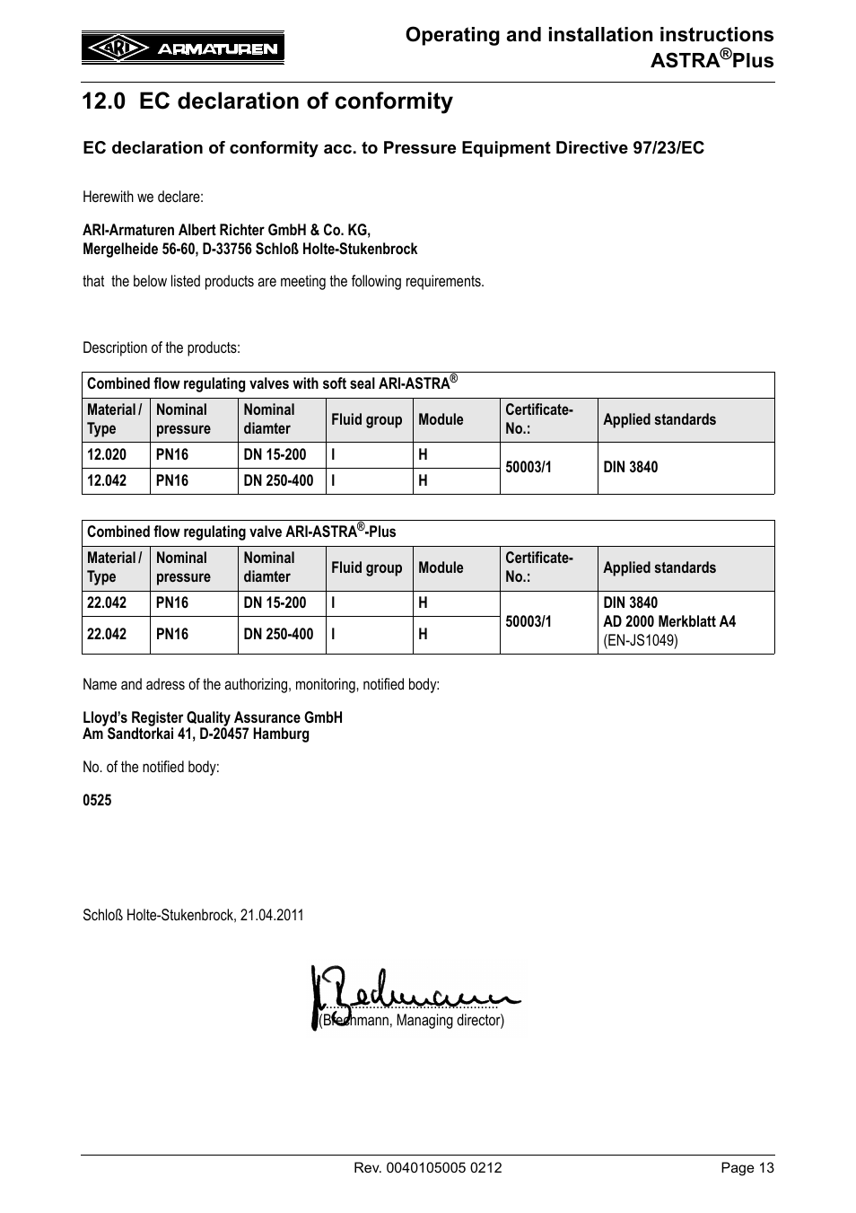 0 ec declaration of conformity, Operating and installation instructions astra, Plus | ARI Armaturen ASTRA Plus DN250-400 EN User Manual | Page 13 / 13