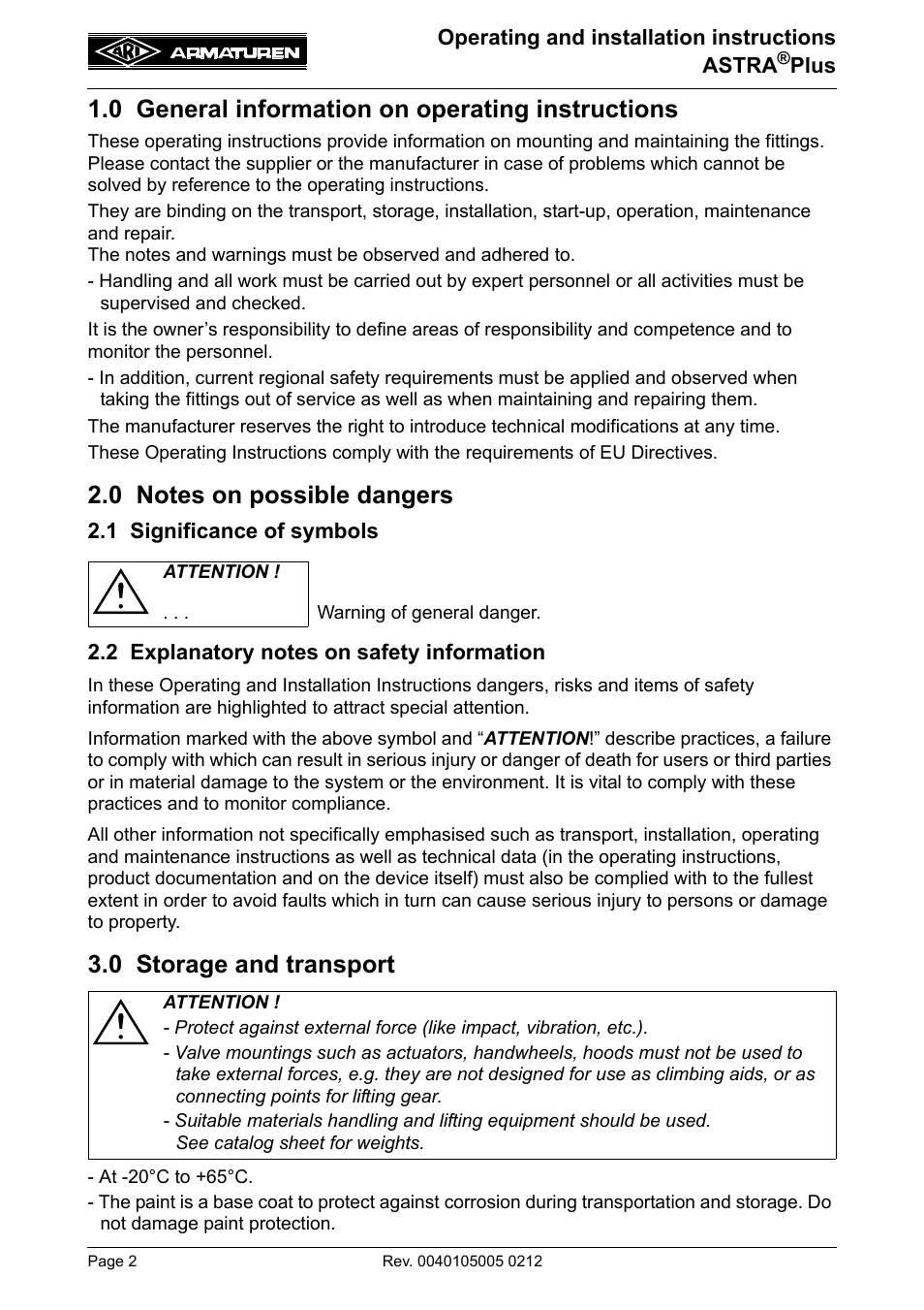 0 general information on operating instructions, 0 notes on possible dangers, 1 significance of symbols | 2 explanatory notes on safety information, 0 storage and transport, 0 general information on operating, Instructions | ARI Armaturen ASTRA Plus DN250-400 EN User Manual | Page 2 / 13