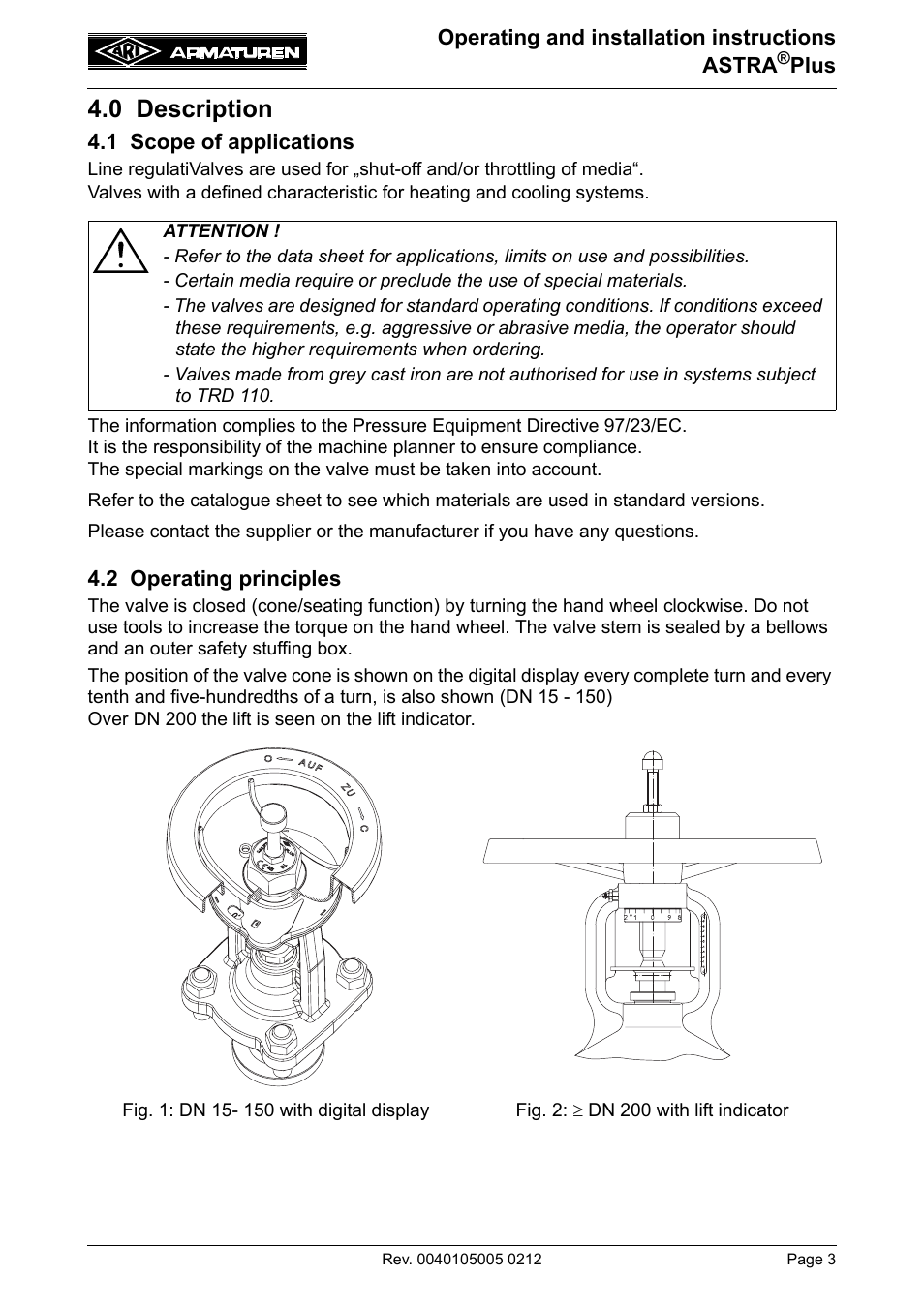 0 description, 1 scope of applications, 2 operating principles | 1 scope of applications 4.2 operating principles | ARI Armaturen ASTRA Plus DN250-400 EN User Manual | Page 3 / 13