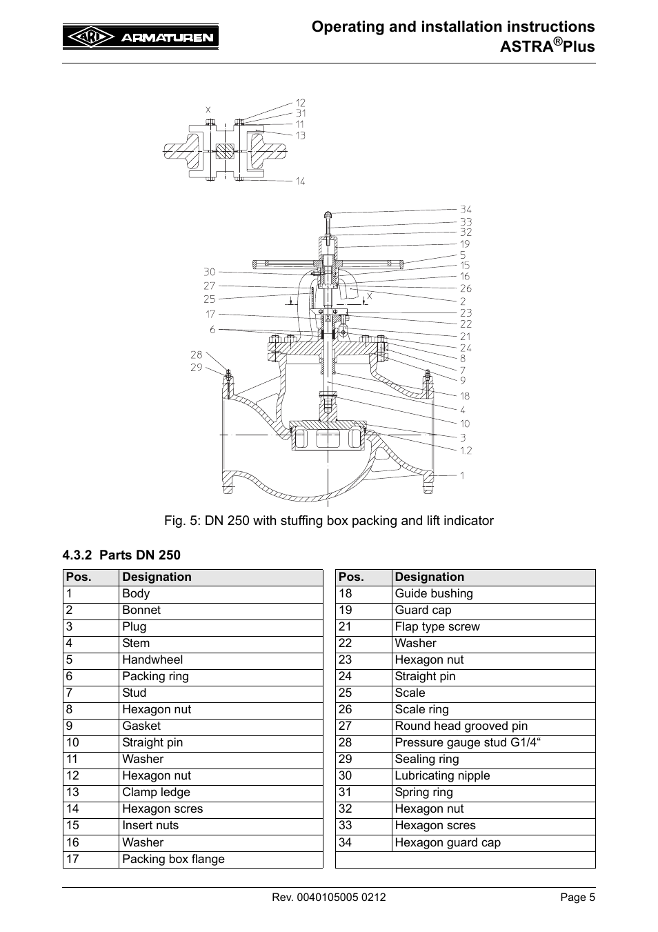 2 parts dn 250, Operating and installation instructions astra, Plus | ARI Armaturen ASTRA Plus DN250-400 EN User Manual | Page 5 / 13