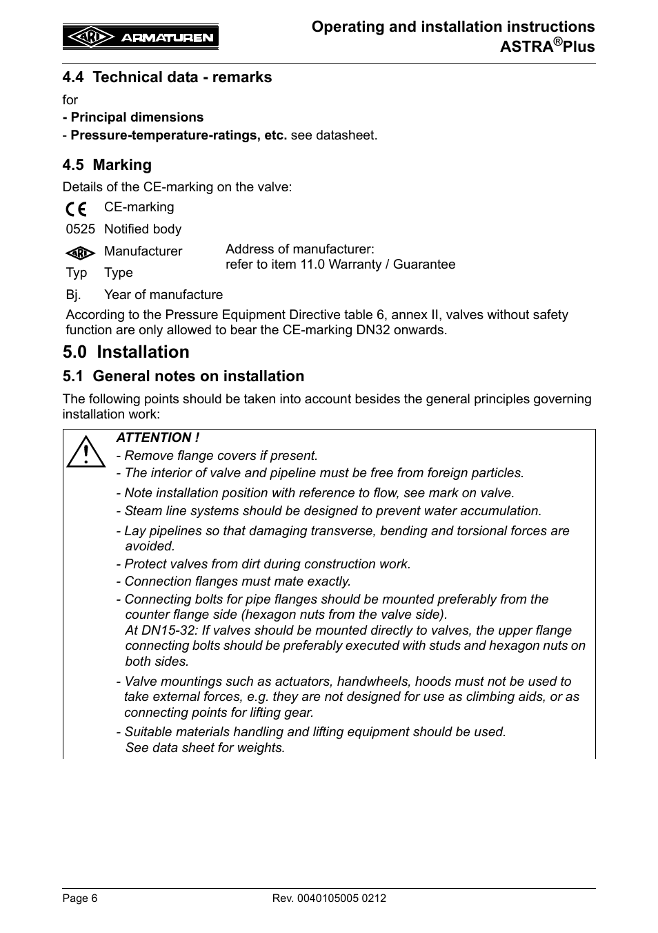 4 technical data - remarks, 5 marking, 0 installation | 1 general notes on installation, 4 technical data - remarks 4.5 marking | ARI Armaturen ASTRA Plus DN250-400 EN User Manual | Page 6 / 13