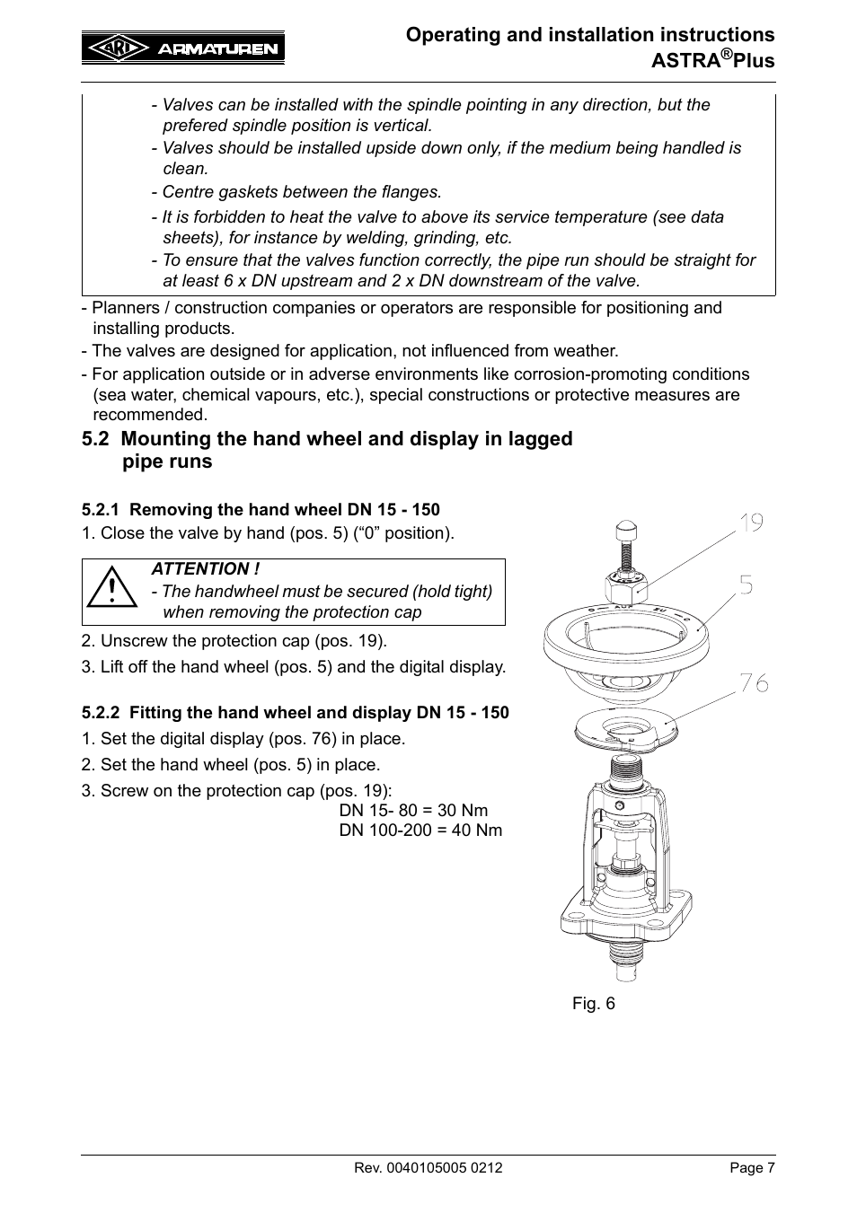 1 removing the hand wheel dn 15 - 150, 2 fitting the hand wheel and display dn 15 - 150, 2 mounting the hand wheel and display | In lagged pipe runs, Dn 15 - 150 | ARI Armaturen ASTRA Plus DN250-400 EN User Manual | Page 7 / 13