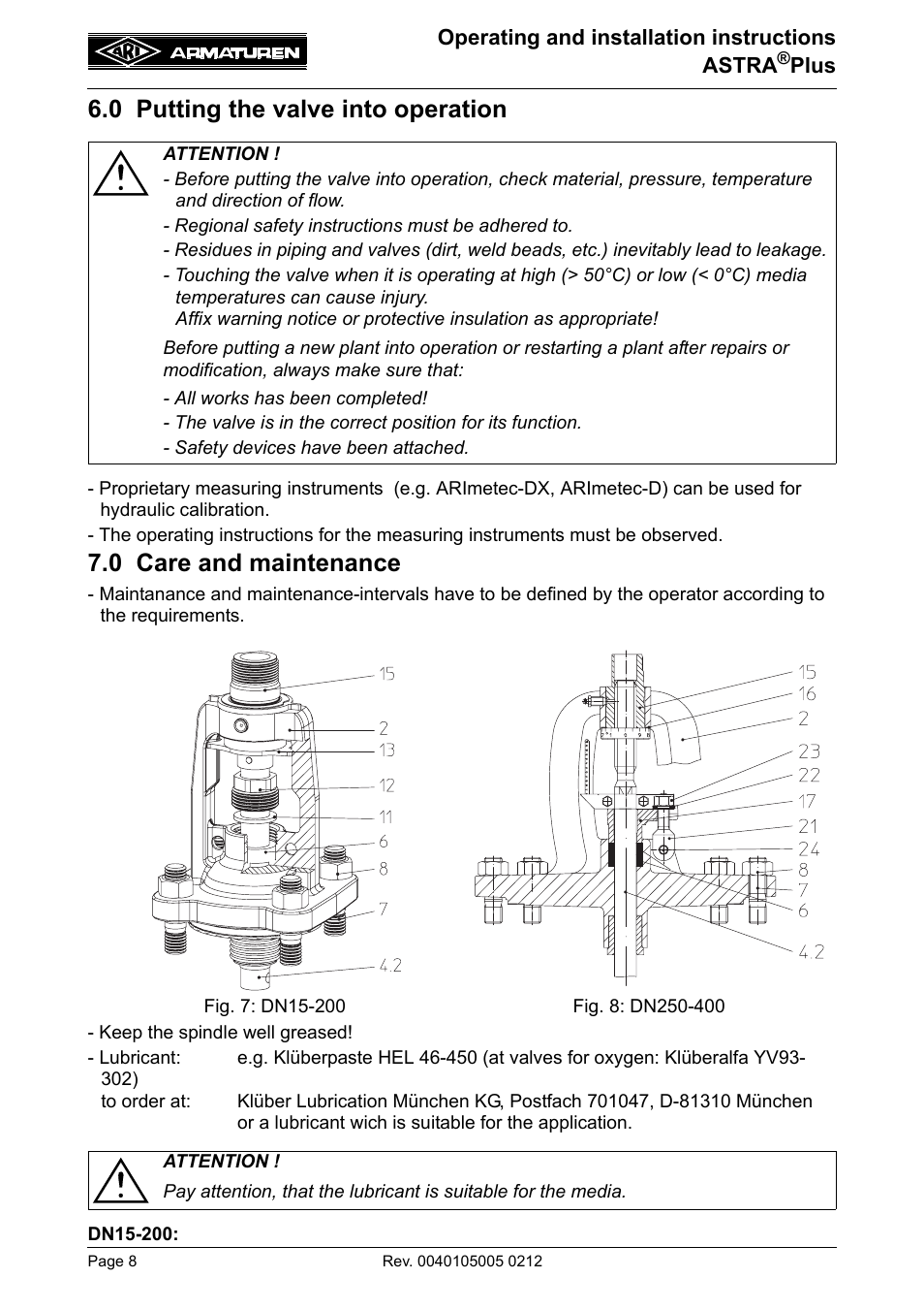 0 putting the valve into operation, 0 care and maintenance | ARI Armaturen ASTRA Plus DN250-400 EN User Manual | Page 8 / 13