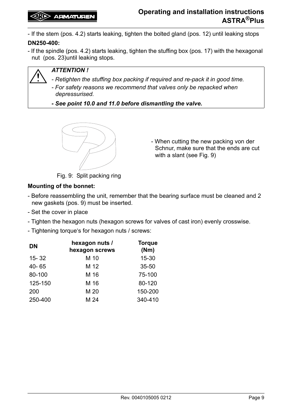 ARI Armaturen ASTRA Plus DN250-400 EN User Manual | Page 9 / 13