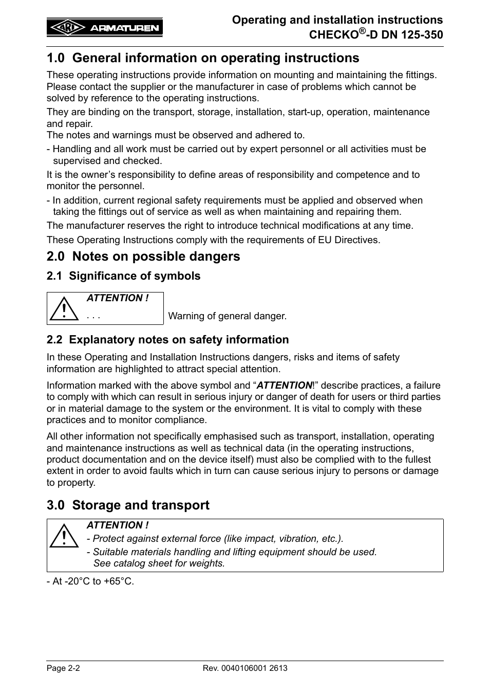 0 general information on operating instructions, 0 notes on possible dangers, 1 significance of symbols | 2 explanatory notes on safety information, 0 storage and transport | ARI Armaturen CHECKO-D DN 125-350 EN User Manual | Page 2 / 8