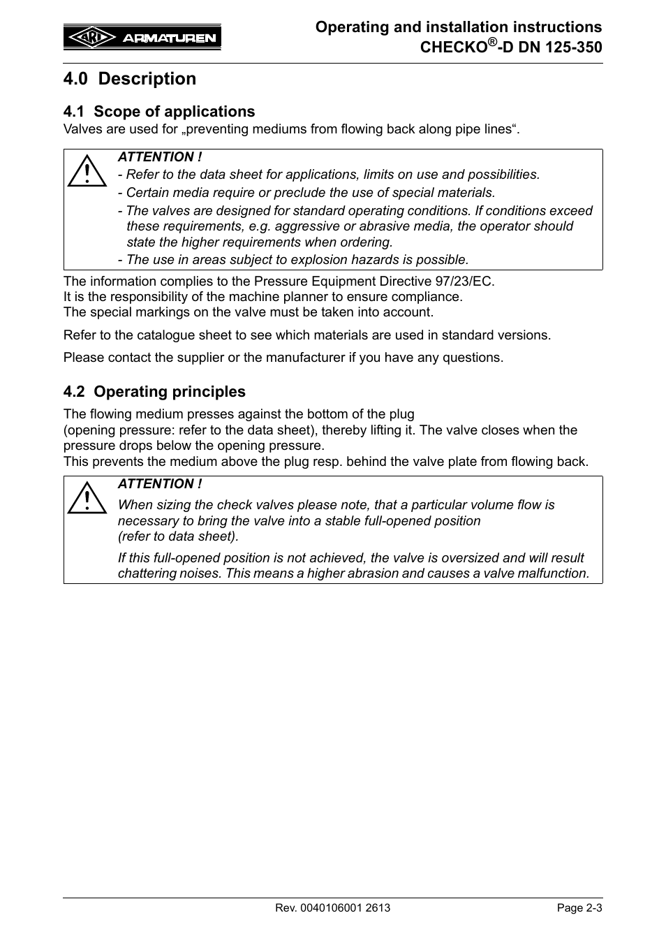 0 description, 1 scope of applications, 2 operating principles | ARI Armaturen CHECKO-D DN 125-350 EN User Manual | Page 3 / 8