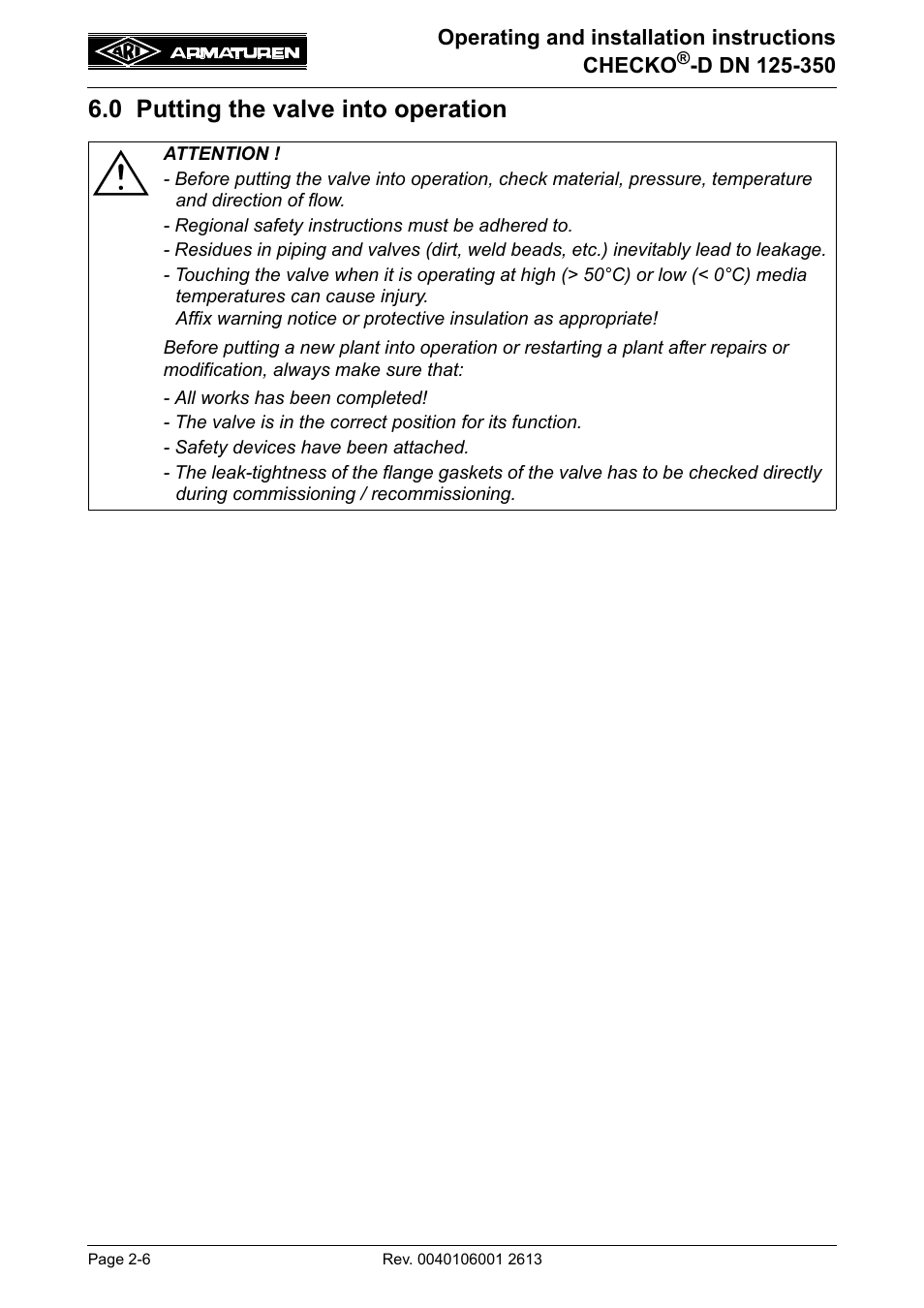 0 putting the valve into operation | ARI Armaturen CHECKO-D DN 125-350 EN User Manual | Page 6 / 8