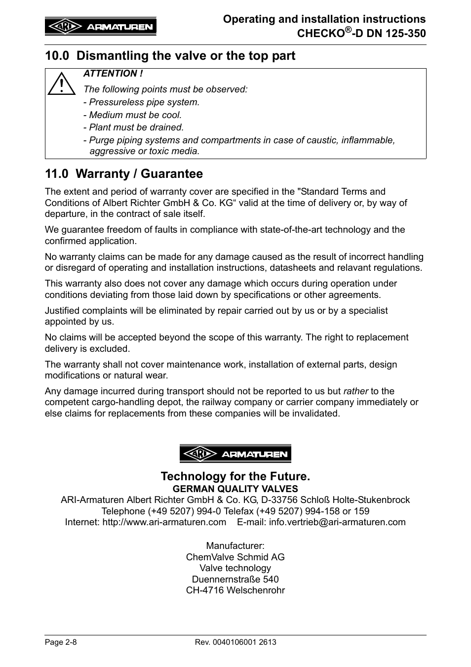 0 dismantling the valve or the top part, 0 warranty / guarantee, See point 10.0 before | Read point 10.0 and 11.0 prio, Technology for the future | ARI Armaturen CHECKO-D DN 125-350 EN User Manual | Page 8 / 8