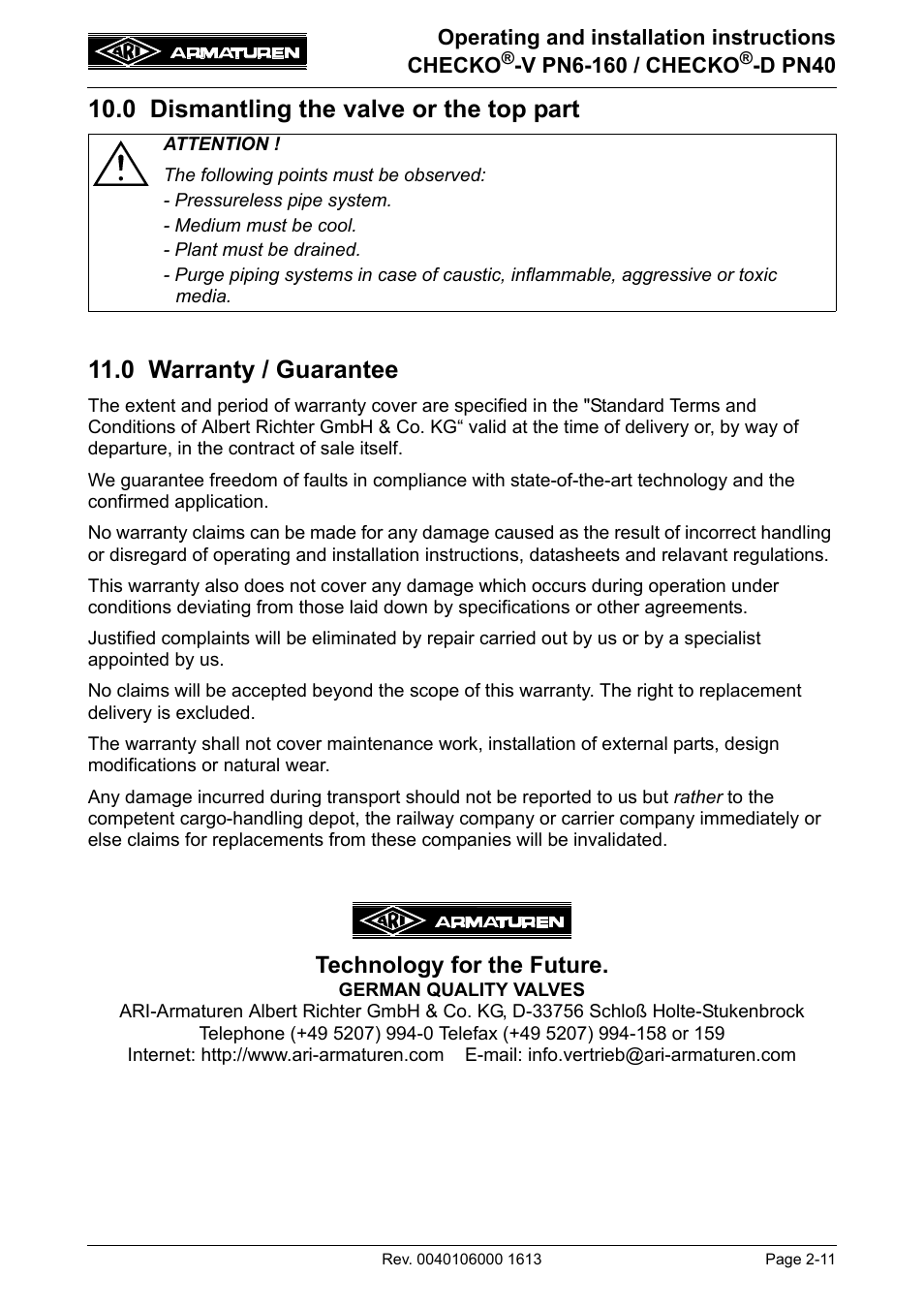 0 dismantling the valve or the top part, 0 warranty / guarantee, Read point 10.0 and 11.0 prior | Technology for the future | ARI Armaturen CHECKO-D PN40 EN User Manual | Page 11 / 12