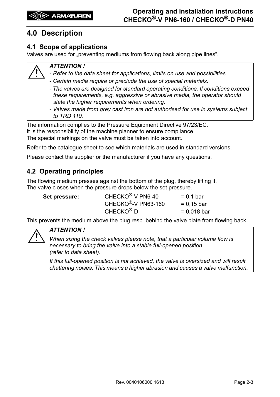 0 description, 1 scope of applications, 2 operating principles | 0 description -3 | ARI Armaturen CHECKO-D PN40 EN User Manual | Page 3 / 12