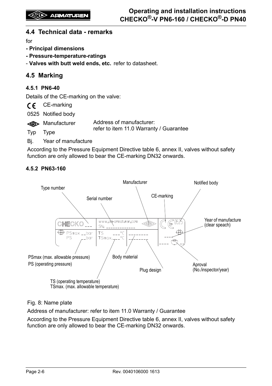 4 technical data - remarks, 5 marking, 1 pn6-40 | 2 pn63-160, 4 technical data - remarks -6 4.5 marking -6, 1 pn16-40 -6 4.5.2 pn63-160 -6 | ARI Armaturen CHECKO-D PN40 EN User Manual | Page 6 / 12