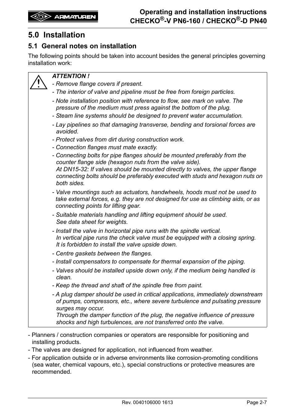 0 installation, 1 general notes on installation, 0 installation -7 | 1 general notes on installation -7 | ARI Armaturen CHECKO-D PN40 EN User Manual | Page 7 / 12