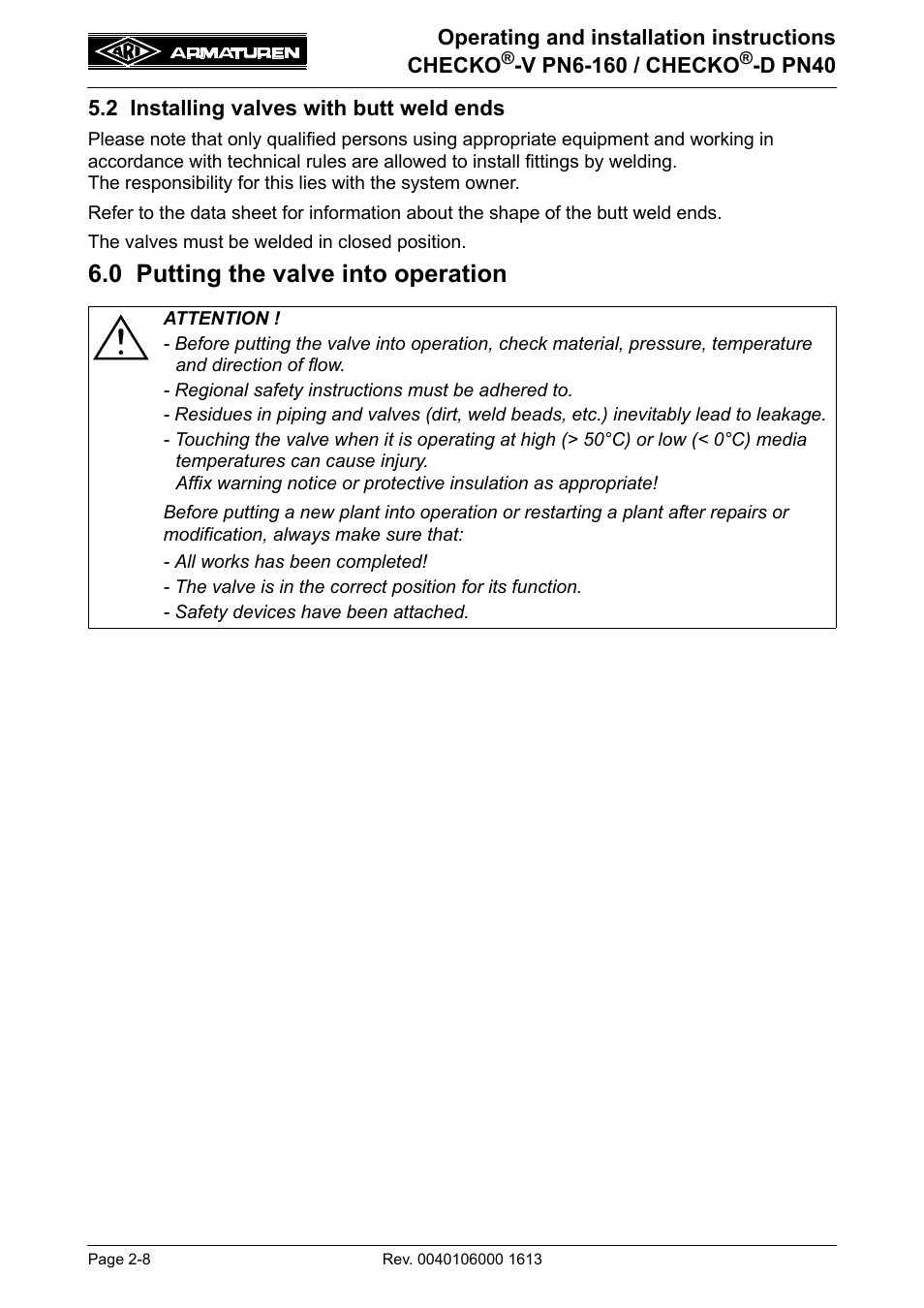 2 installing valves with butt weld ends, 0 putting the valve into operation, 2 installing valves with butt weld ends -8 | 0 putting the valve into operation -8 | ARI Armaturen CHECKO-D PN40 EN User Manual | Page 8 / 12