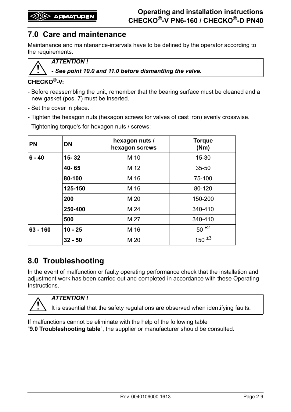 0 care and maintenance, 0 troubleshooting, 0 care and maintenance -9 8.0 troubleshooting -9 | ARI Armaturen CHECKO-D PN40 EN User Manual | Page 9 / 12